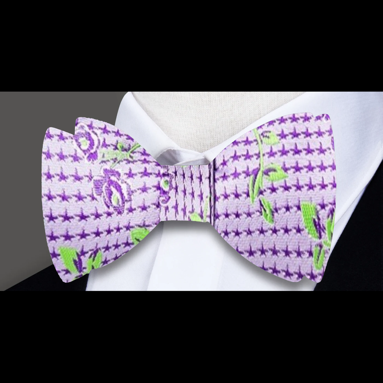 A Light Purple, Green Intricate Floral Pattern Silk Self Tie Bow Tie