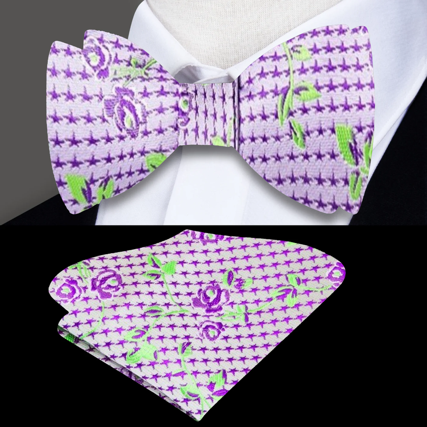A Light Purple, Green Intricate Floral Pattern Silk Self Tie Bow Tie, Matching Pocket Square
