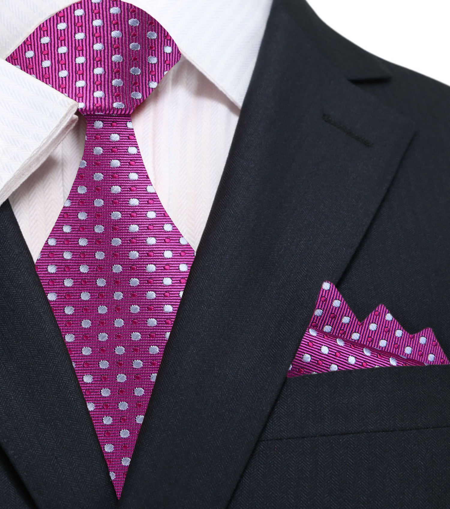 A Light Purple, Grey Polka Dot Pattern Silk Necktie, Matching Pocket Square