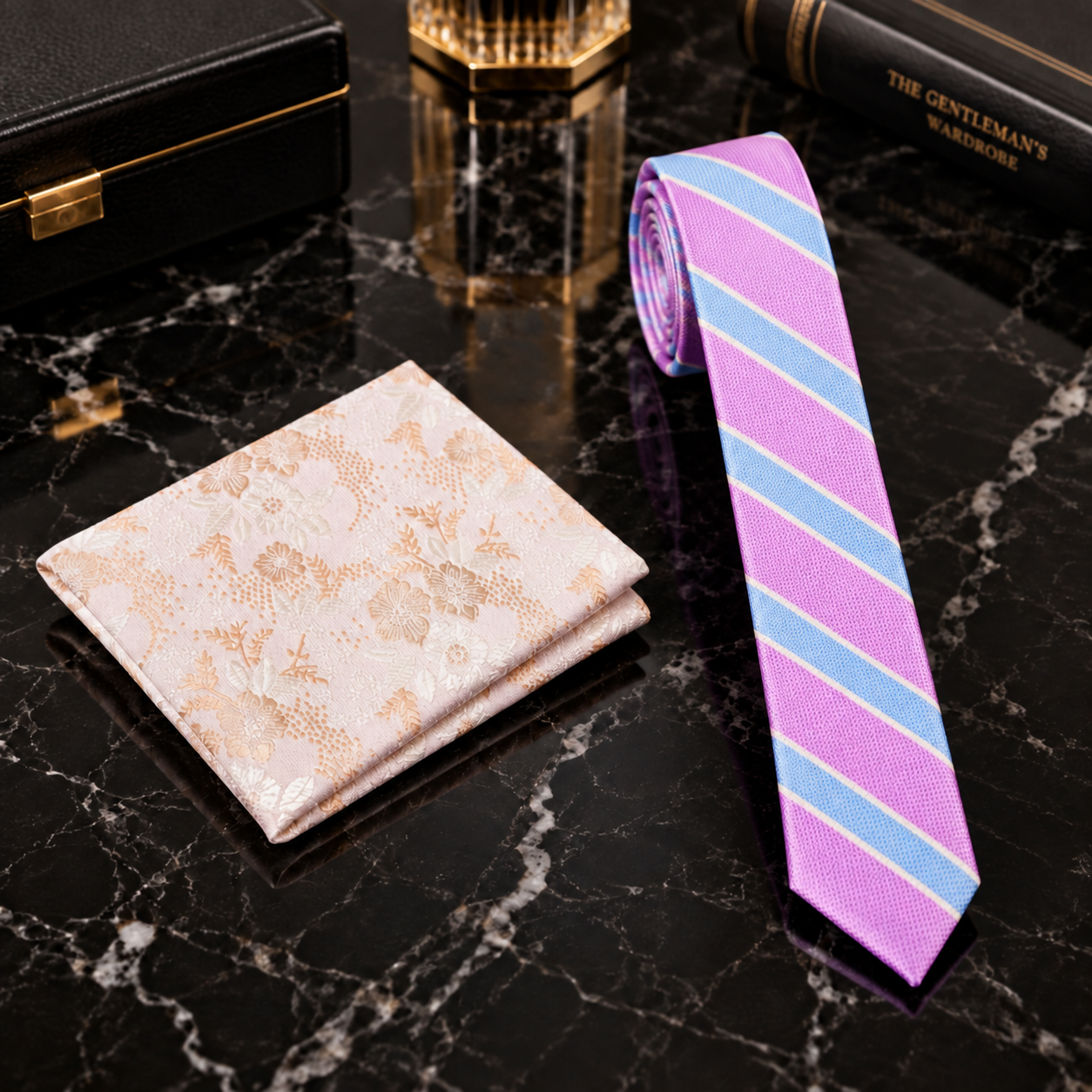 A men's formal accessory set featuring a lavender and light blue diagonally striped necktie and a matching cream pocket square with a gold floral pattern, displayed on a black marble surface.