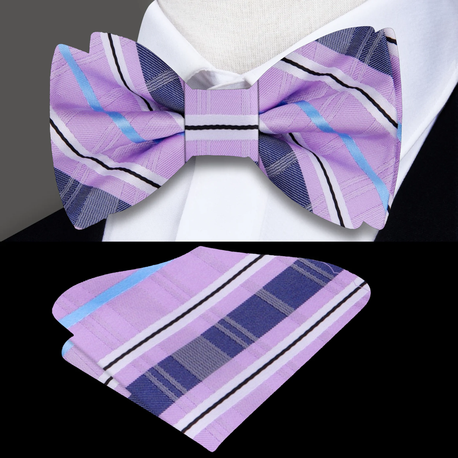 Light Purple, Midnight Blue, Light Blue Plaid Bow Tie And Pocket Square