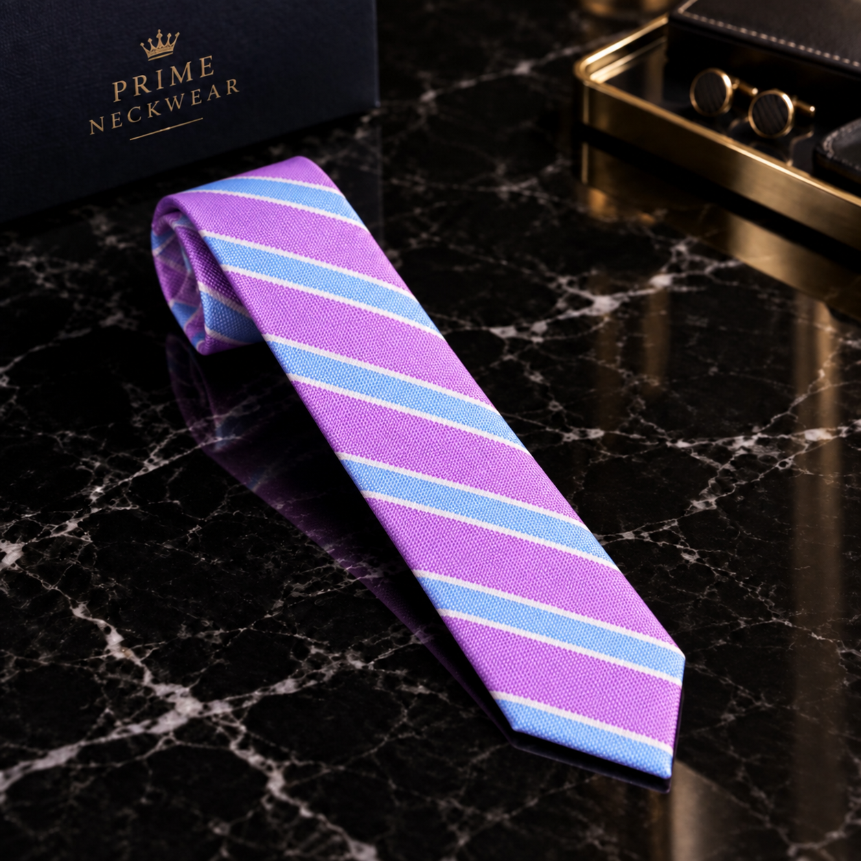 A purple necktie with diagonal light blue and white stripes, displayed on a black marble surface next to a black box branded 'PRIME NECKWEAR'.