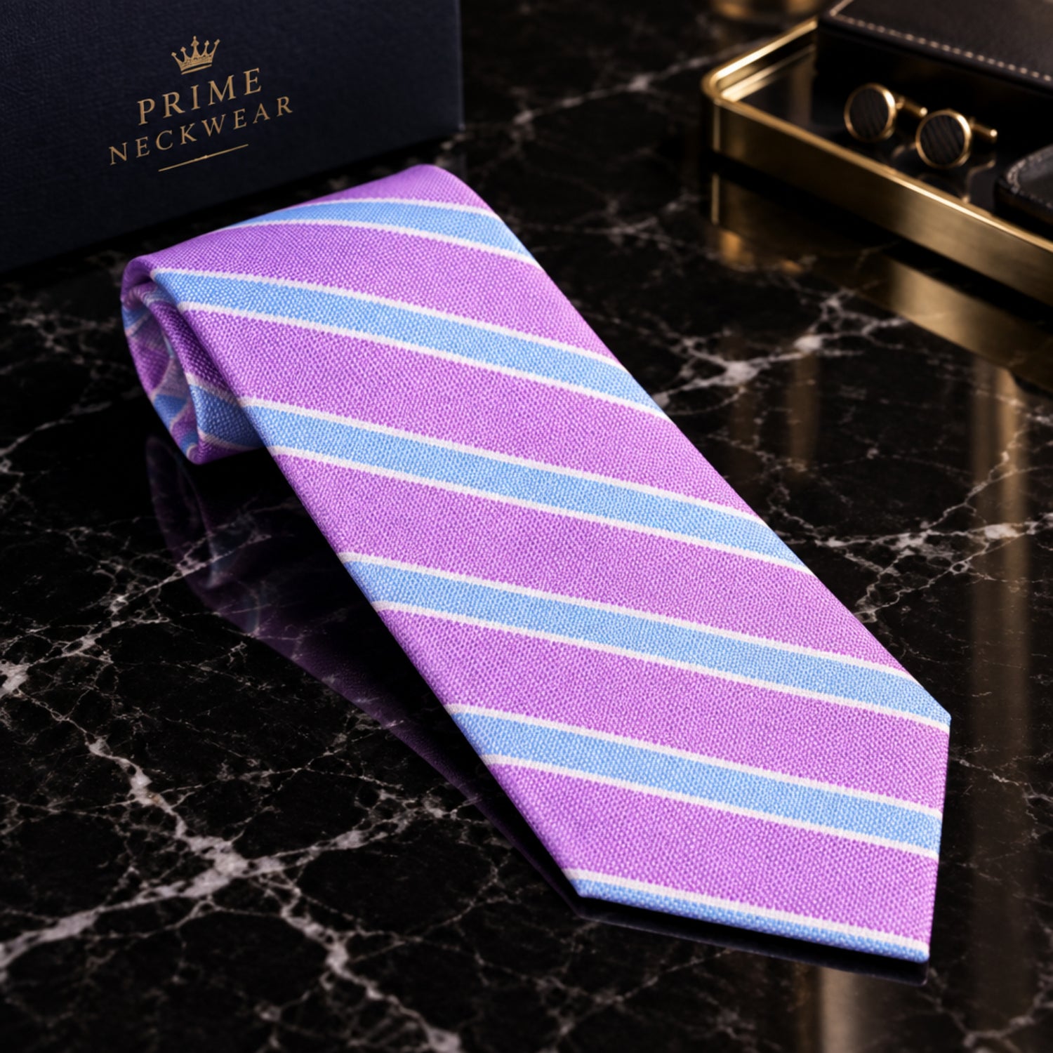 A rolled-up silk necktie featuring diagonal stripes of light blue, white, and pink on a textured fabric base.