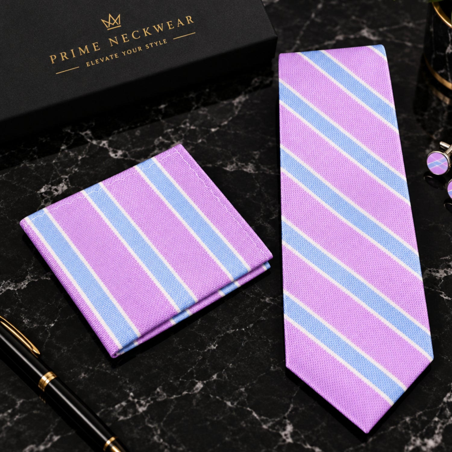 A matching necktie and pocket square set with diagonal pink, light blue, and white stripe