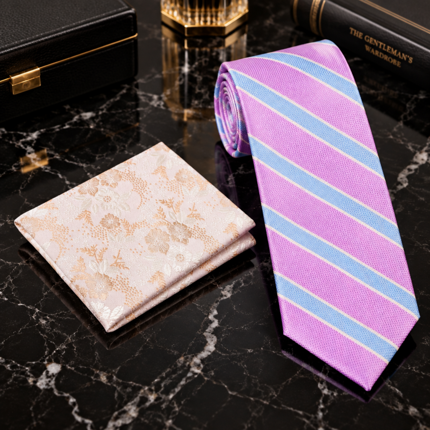 A men's formal accessory set featuring a striped necktie and a patterned pocket square on a solid white background. The necktie has diagonal stripes of light blue, white, and pink, while the pocket square has a beige and gold floral damask pattern.