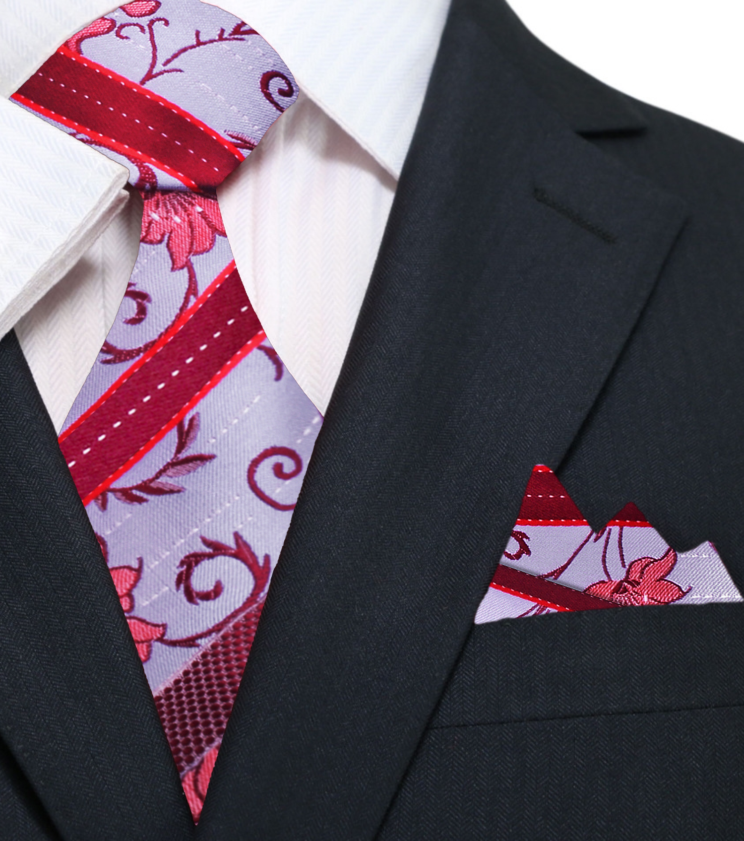 Light Purple, Red, Pink Floral With Stripe Tie and Pocket Square