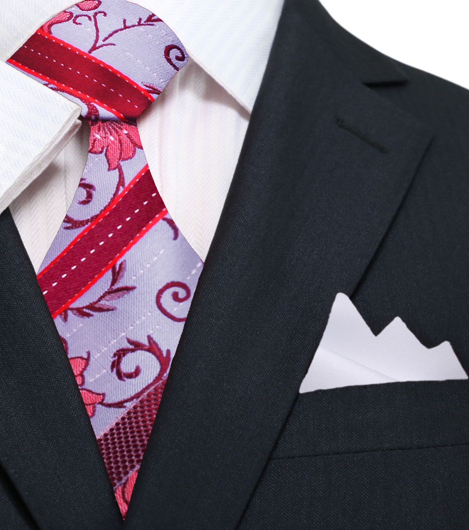 Light Purple, Red, Pink Floral With Stripe Tie and White Pocket Square