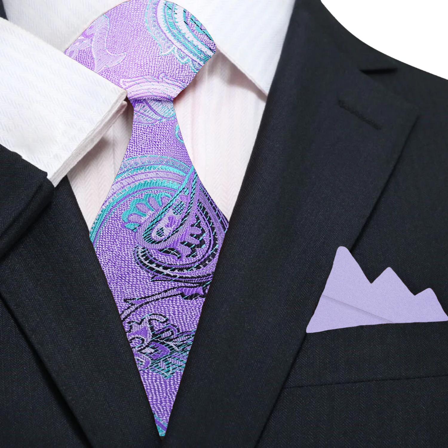 Main: Light Purple, Light Blue Paisley Necktie with Accenting Purple Pocket Square