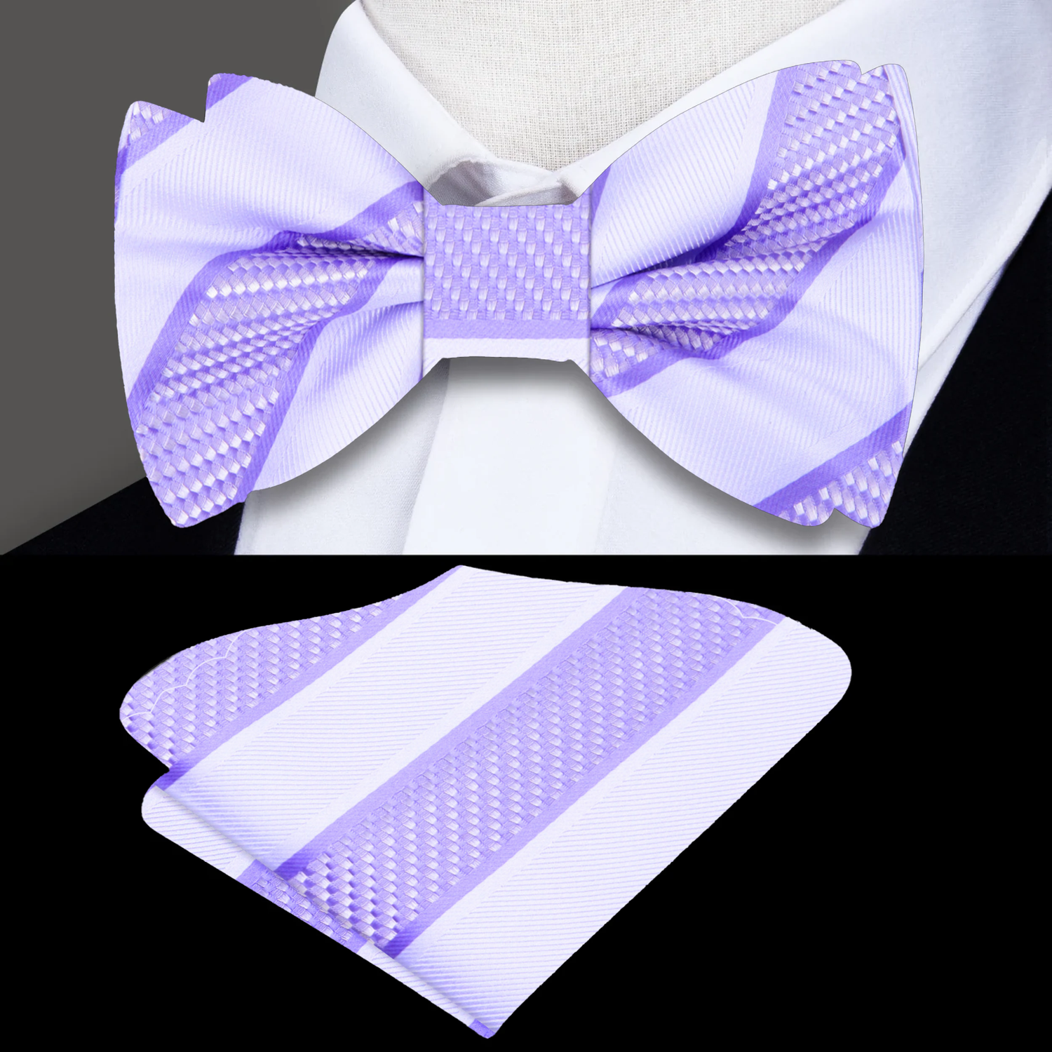 White and Purple Stripe Bow Tie and Square