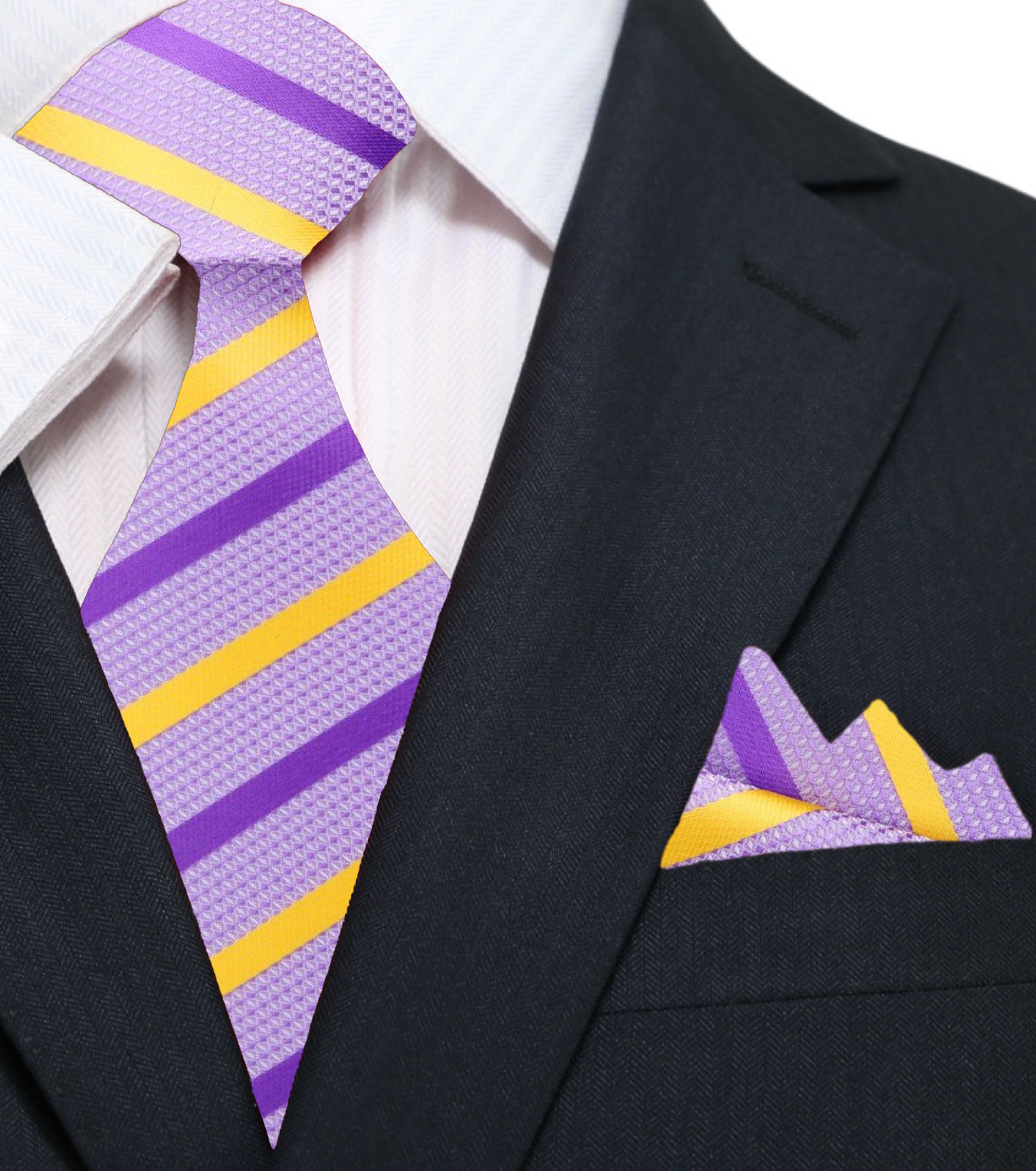 Light Purple, Purple, Yellow Stripe Tie and Square