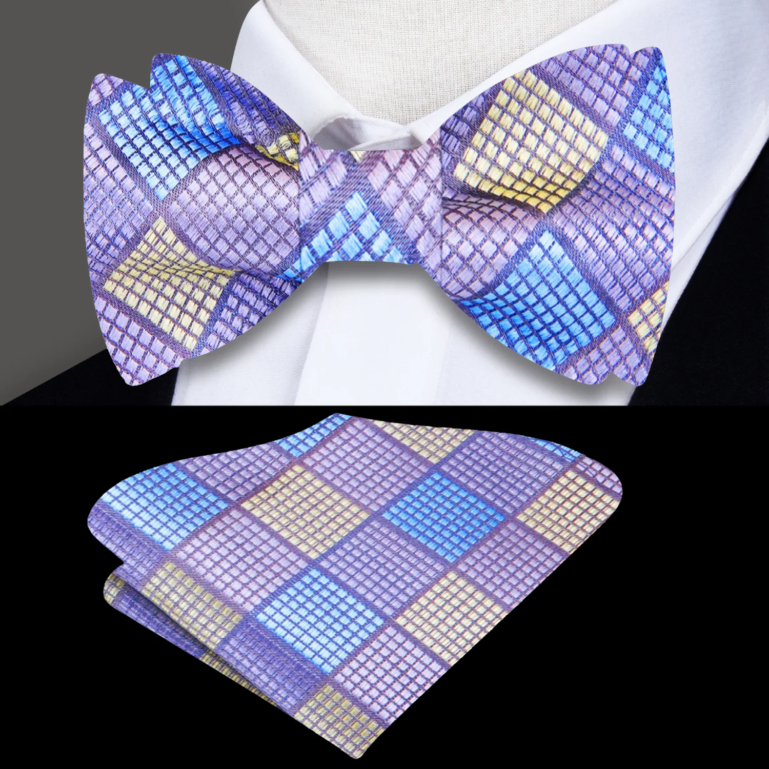Light Blue, Light Purple, Light Yellow Diamonds Bow Tie and Pocket Square