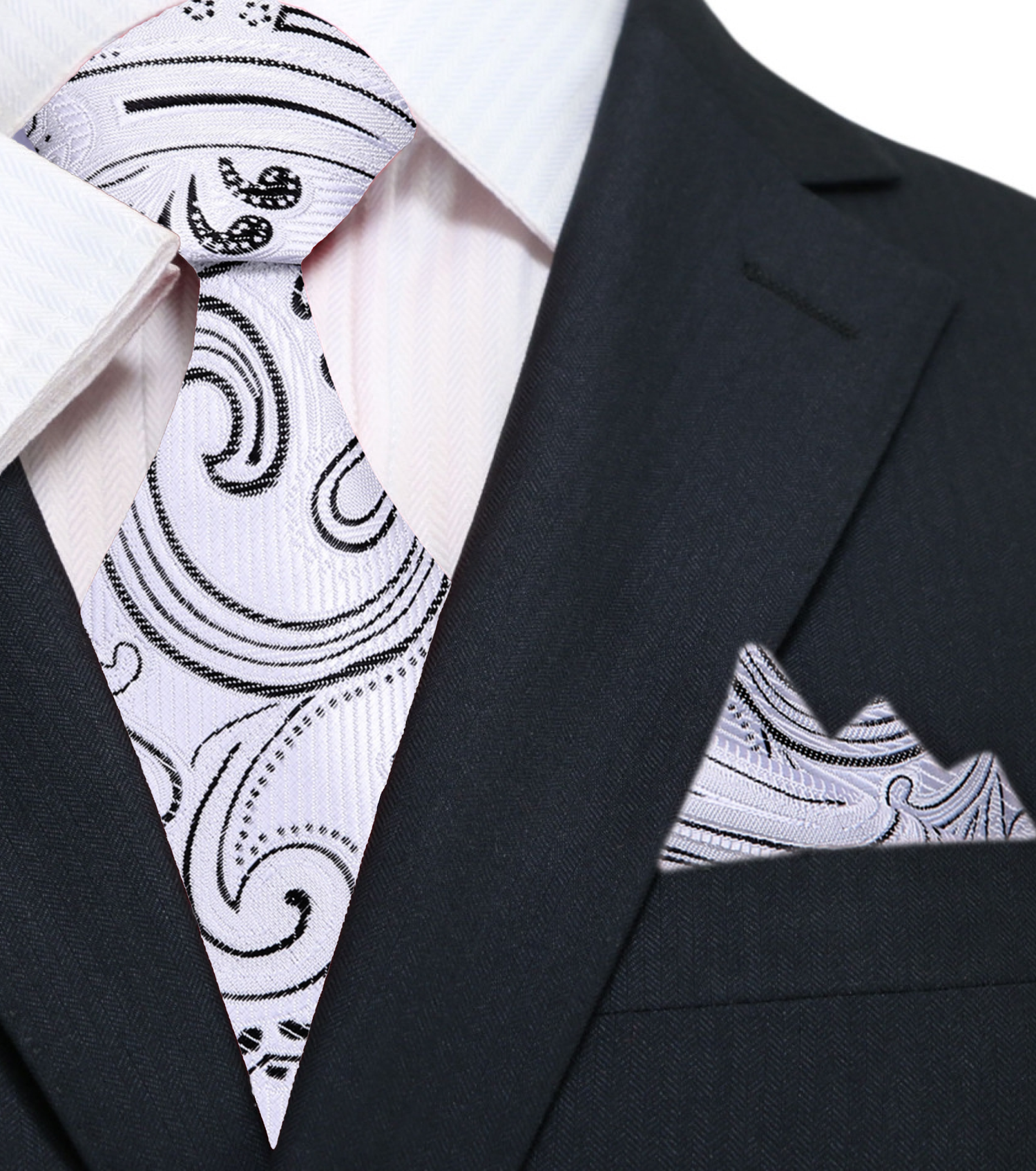 Main View: A Ivory, Black Paisley Pattern Silk Necktie, Matching Silk Pocket Square