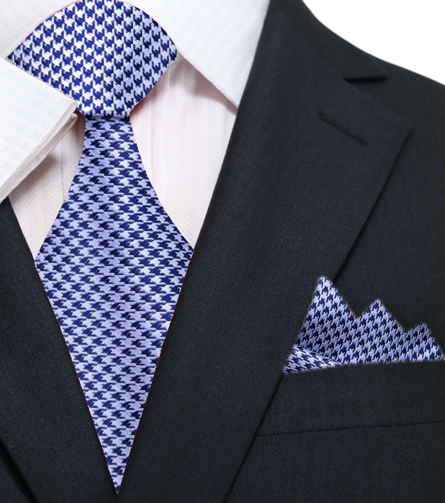 Main: Blue/Light Silver Hounds Tooth Tie and Pocket Square