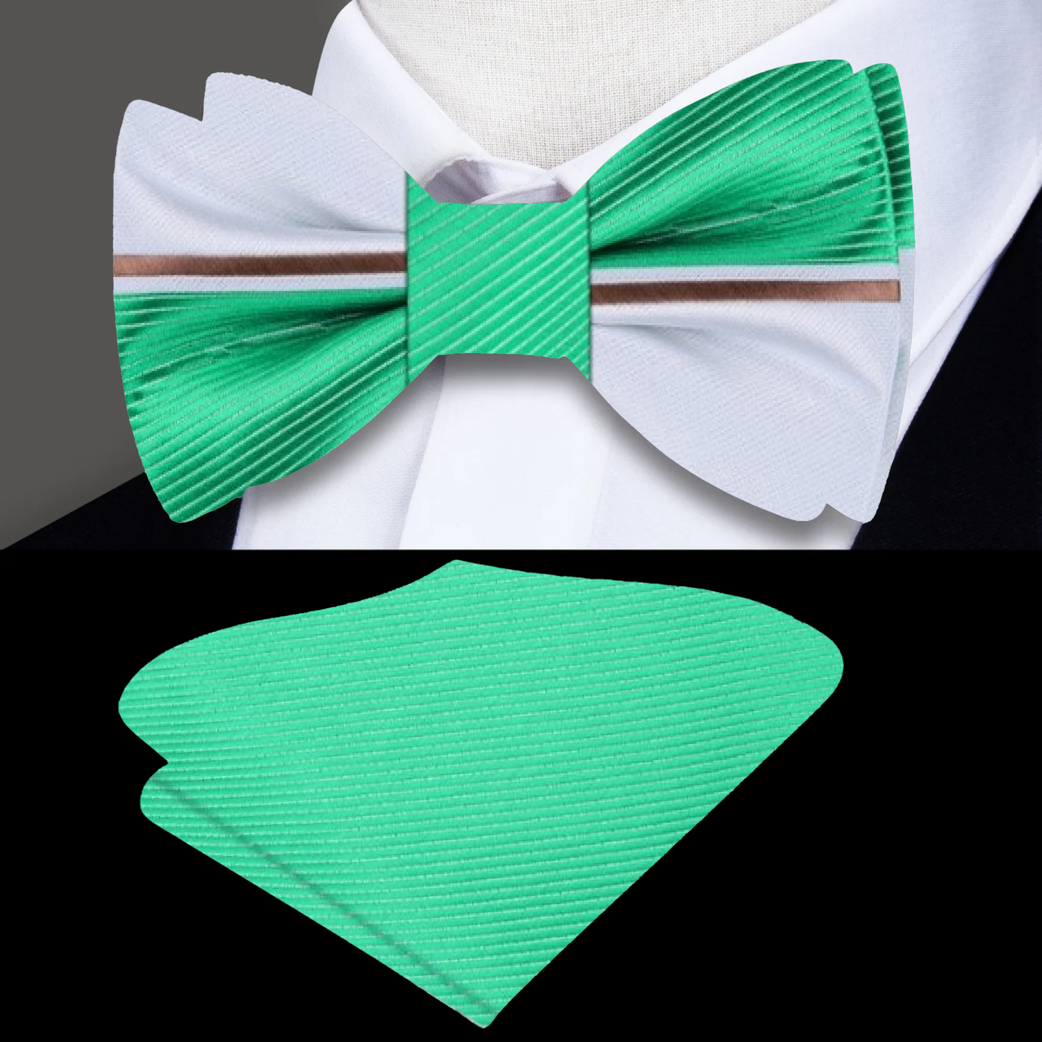 Light Grey, Light Green Lined Bow Tie and Pocket Square||Light Silver, Light Green
