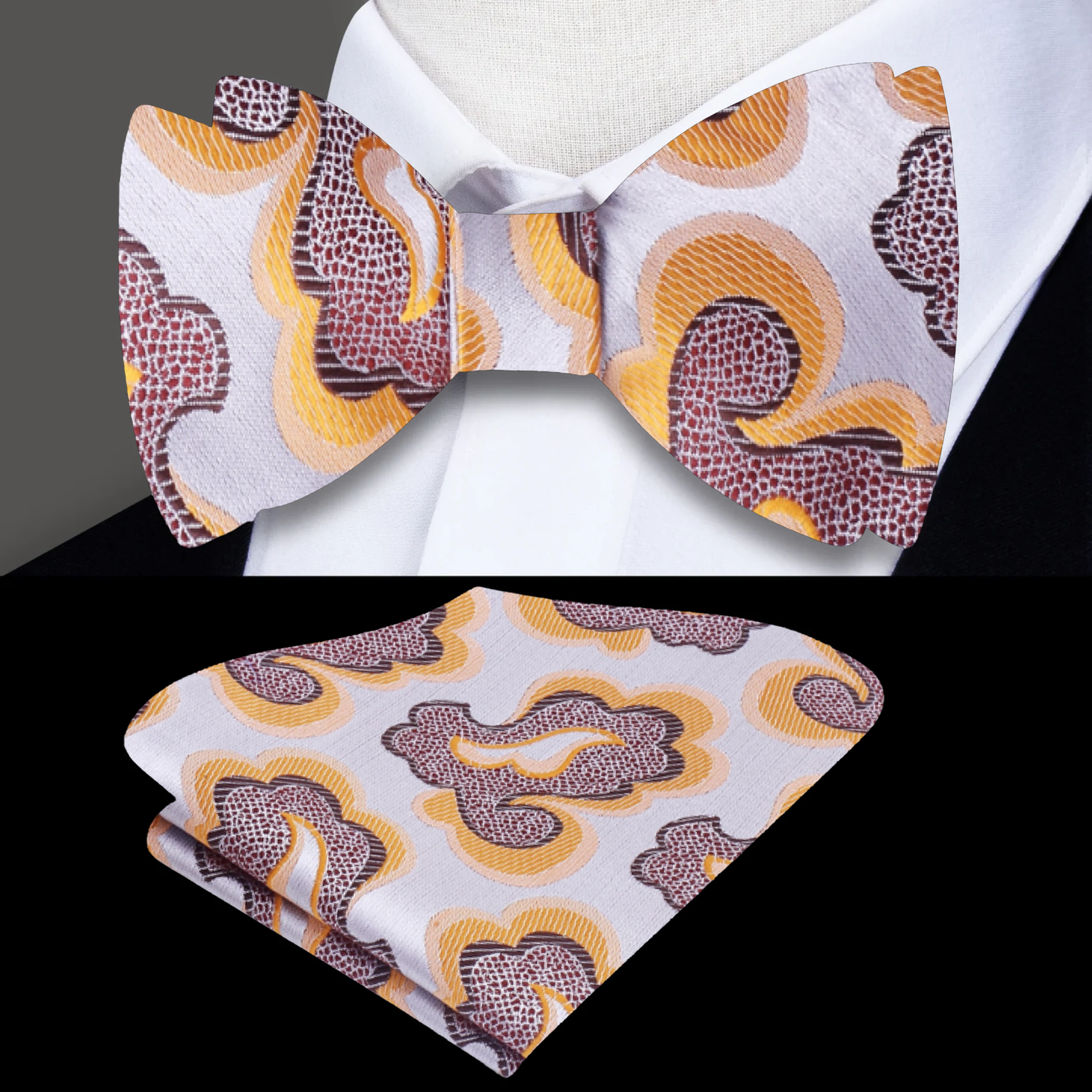 Light Silver, Brown and Orange Abstract Bow Tie and Square