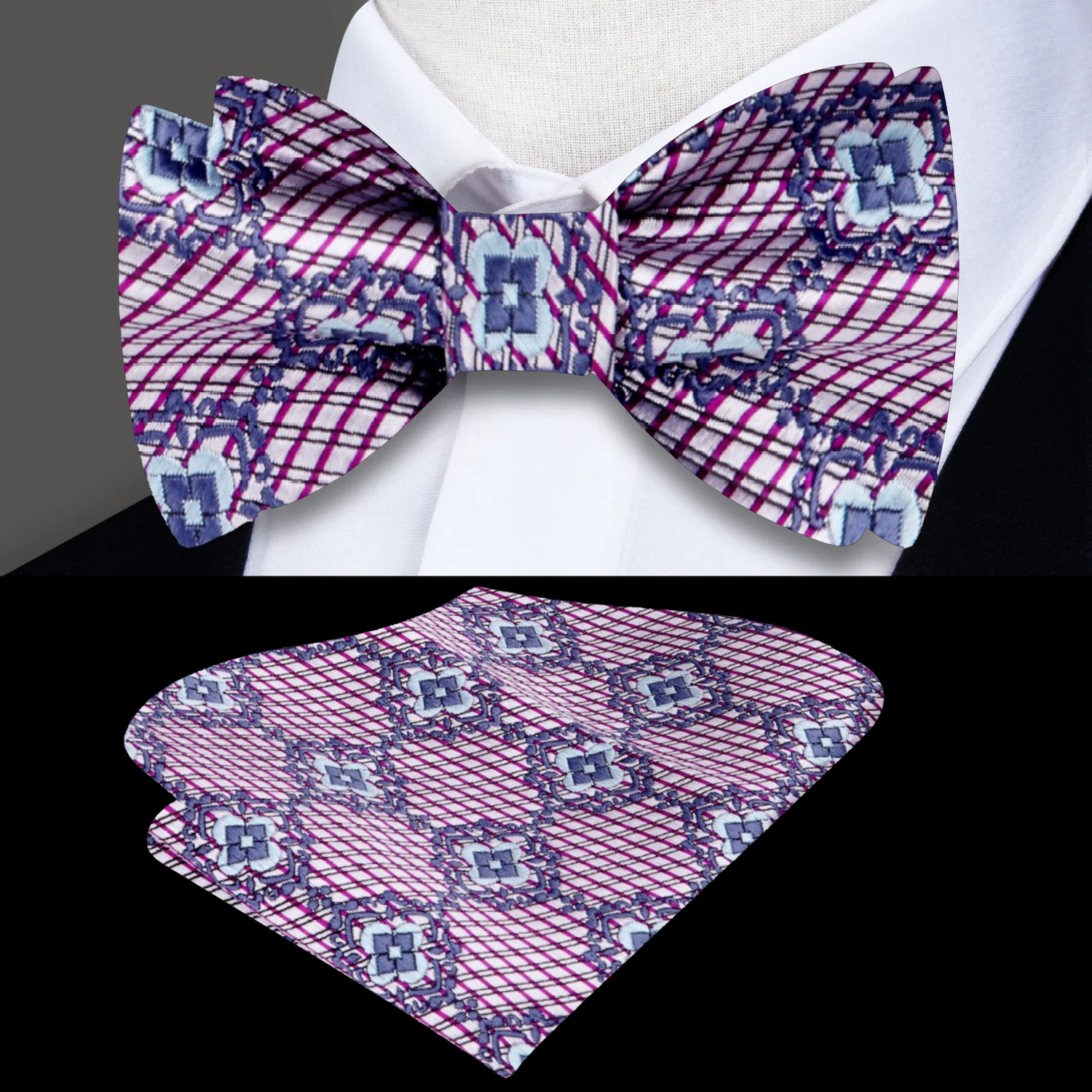 A Purple, Blue Geometric with Flower Pattern Silk Self Tie Bow Tie, Matching Pocket Square|