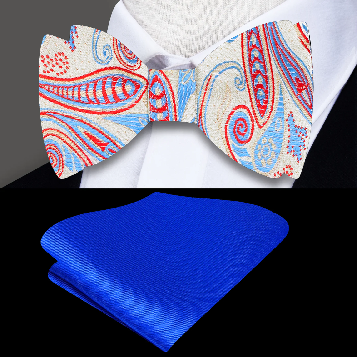 Pale Yellow, Light Blue, Red Paisley Self Tie Bow Tie Self Tie and Square