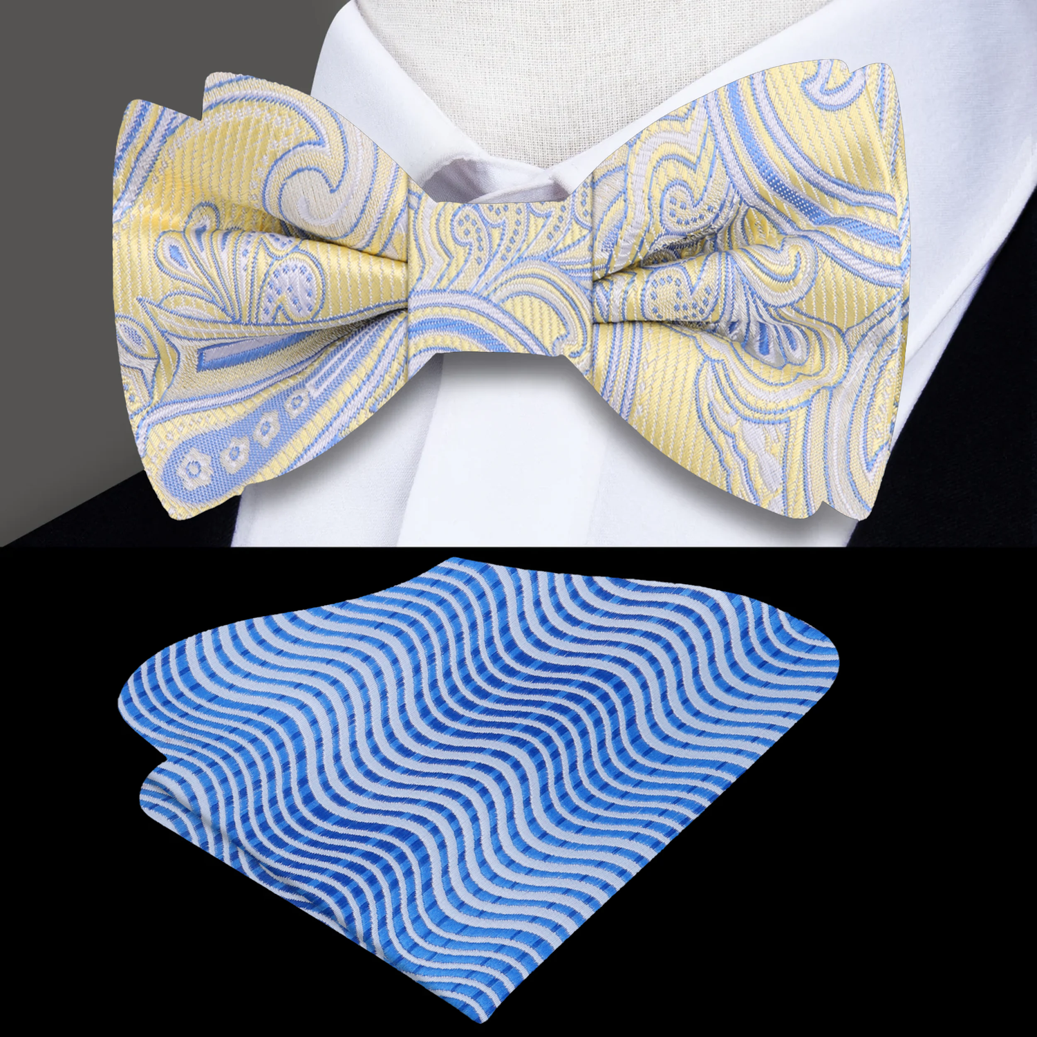 Yellow and Blue Paisley Bow Tie and Accenting Pocket Square