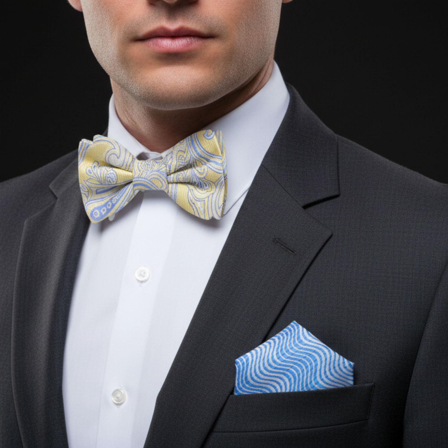 Man wearing a black suit with a yellow and blue patterned bow tie and matching pocket square against a black background.
