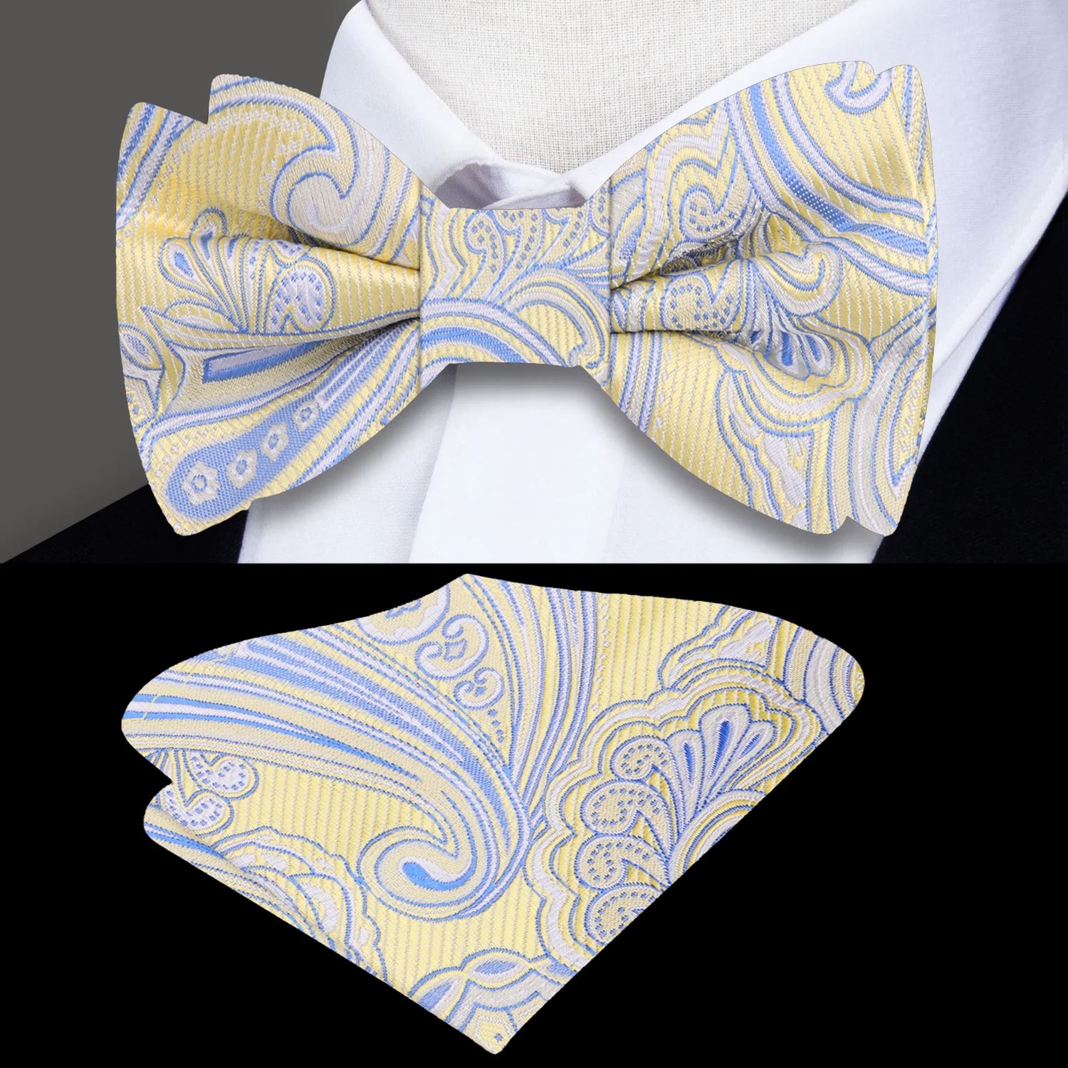Yellow and Blue Paisley Bow Tie and Pocket Square
