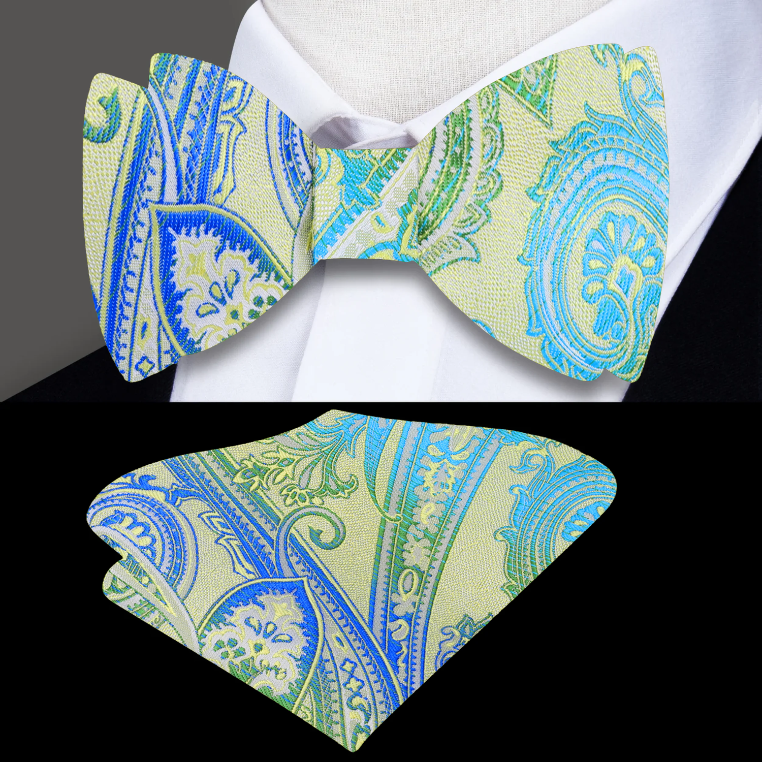 Main: Green Blue Paisley Bow Tie and Pocket Square