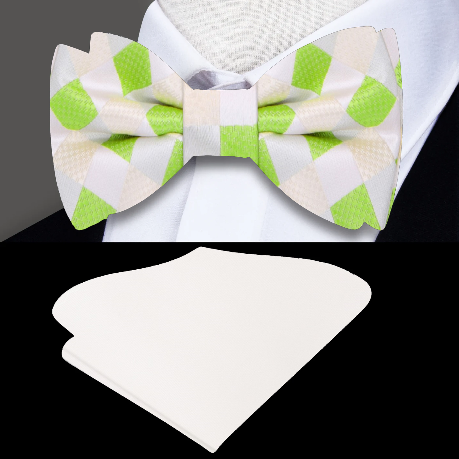 White, Green, Light Brown Bow Tie with Accenting Off White Pocket Square