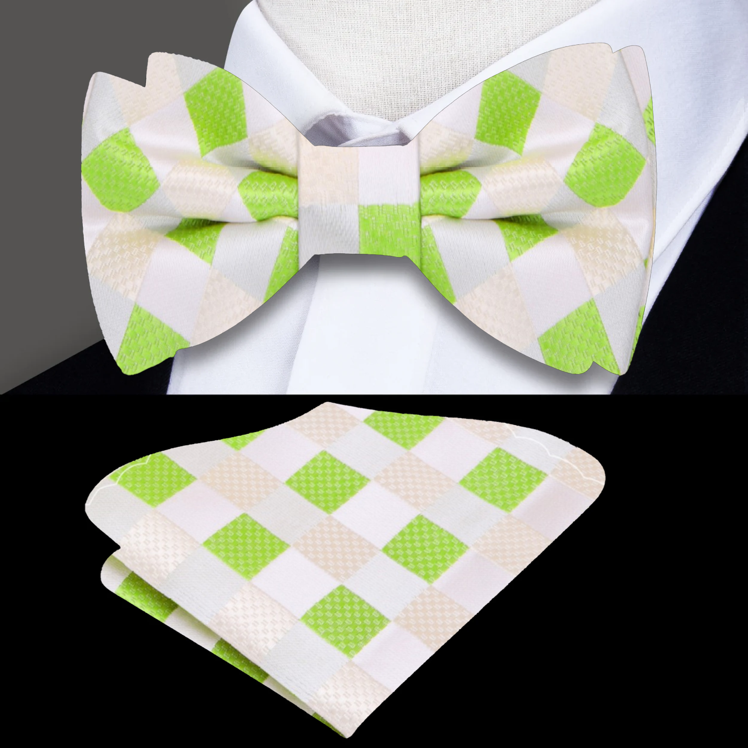 White, Green, Light Brown Bow Tie with Pocket Square