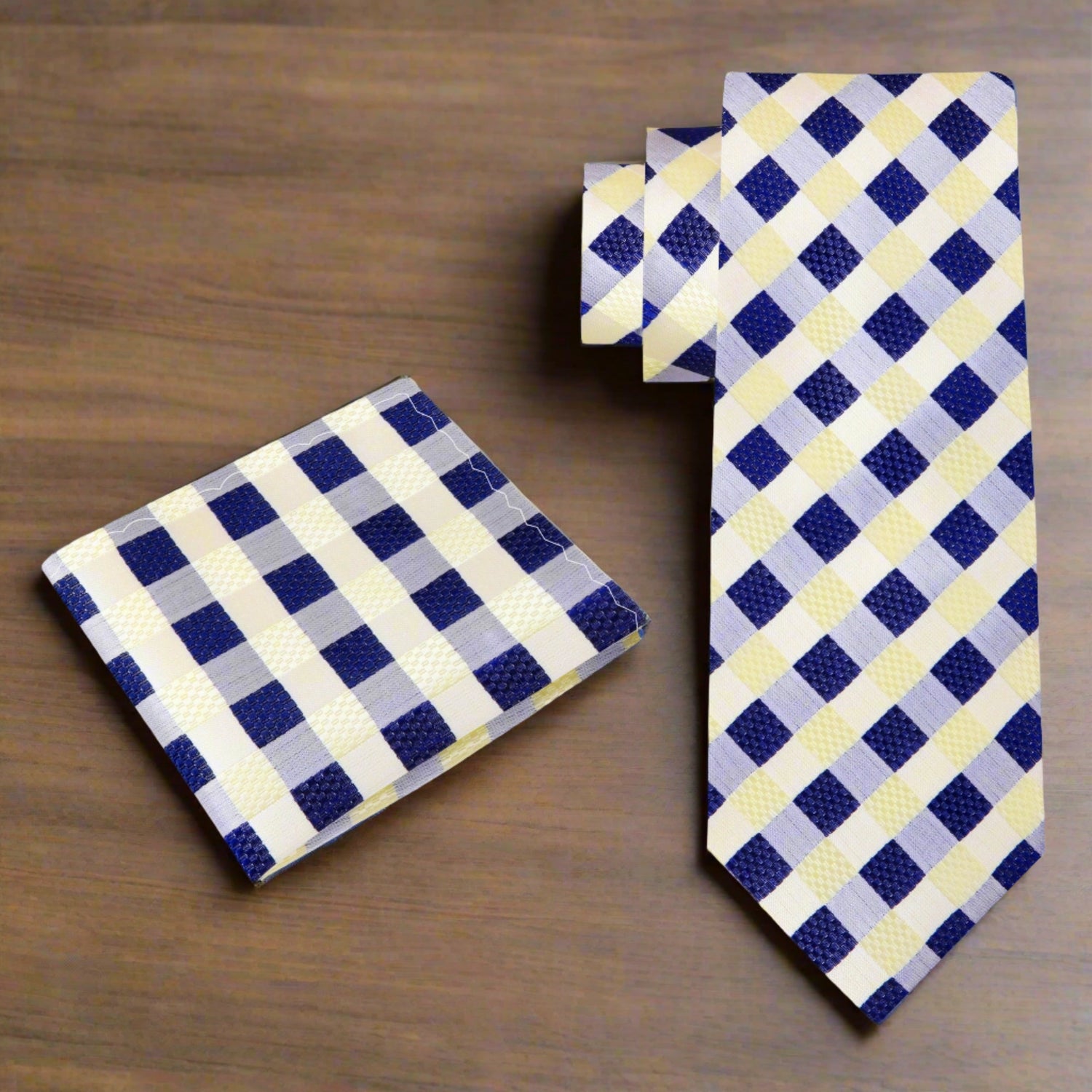 Alt A Yellow, Blue Check Pattern Silk Necktie, Matching Pocket Square