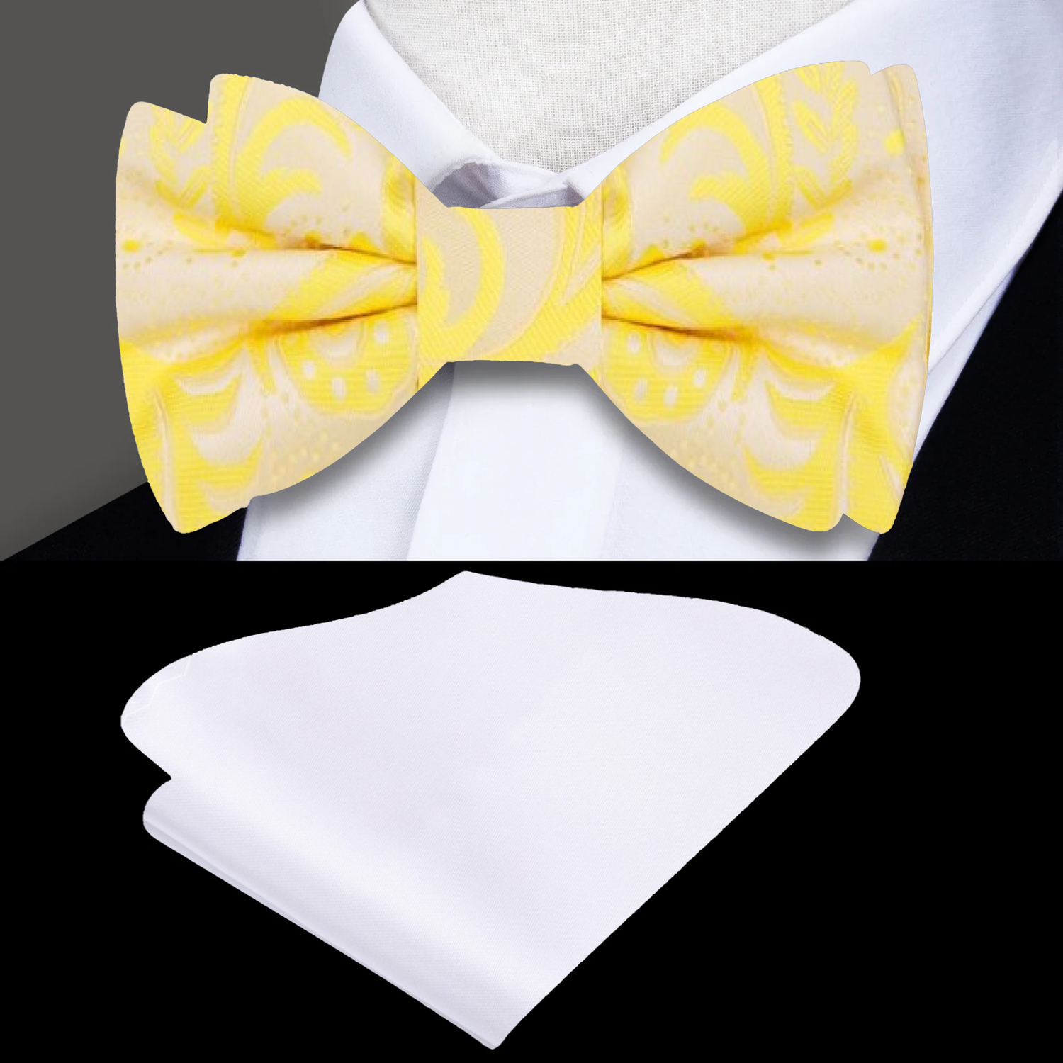 A Light Yellow Paisley Pattern Silk Self Tie Bow Tie, White Pocket Square||Yellow