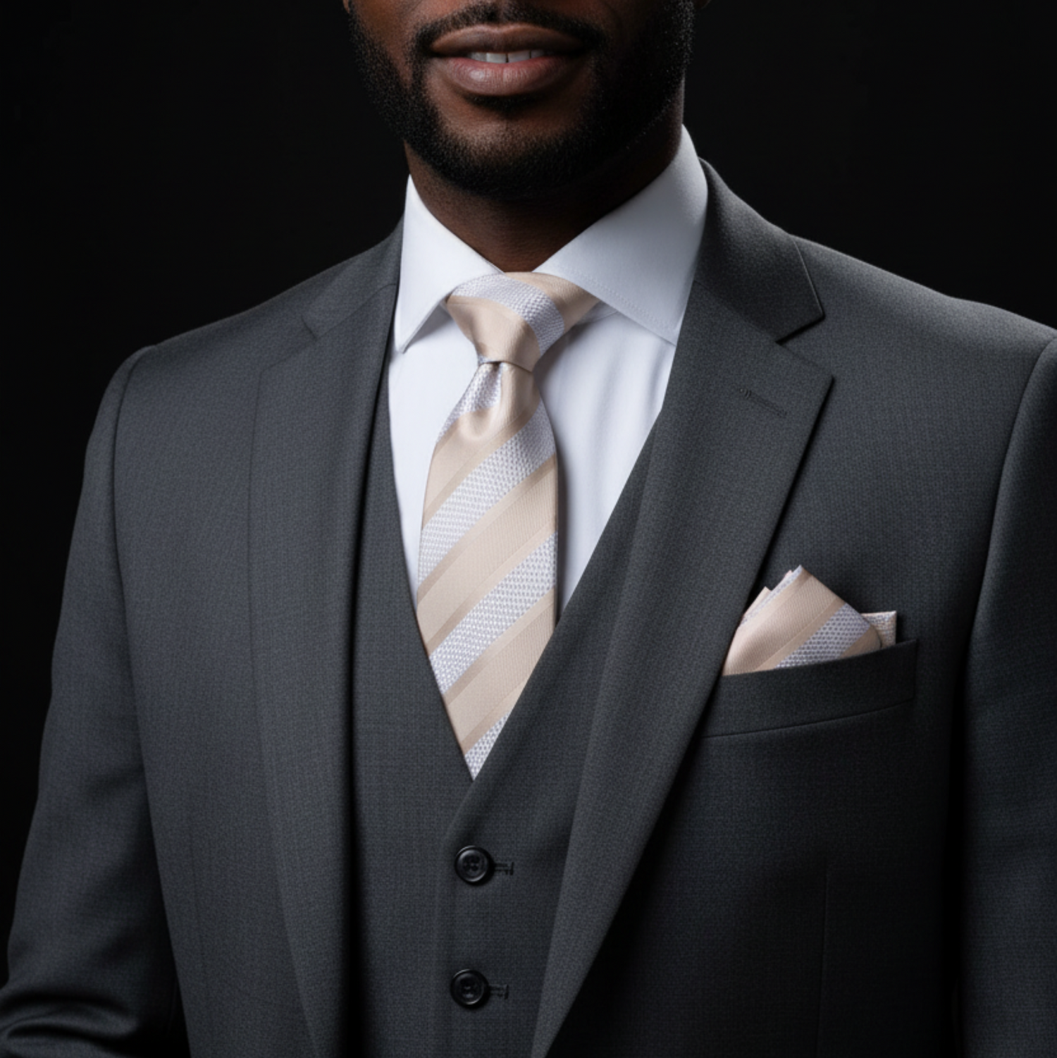 Man wearing a gray suit with a beige tie and pocket square on a black background