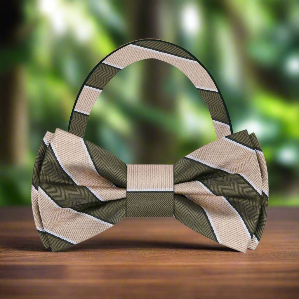 Pre Tied Brown Olive Block Stripe Bow Tie