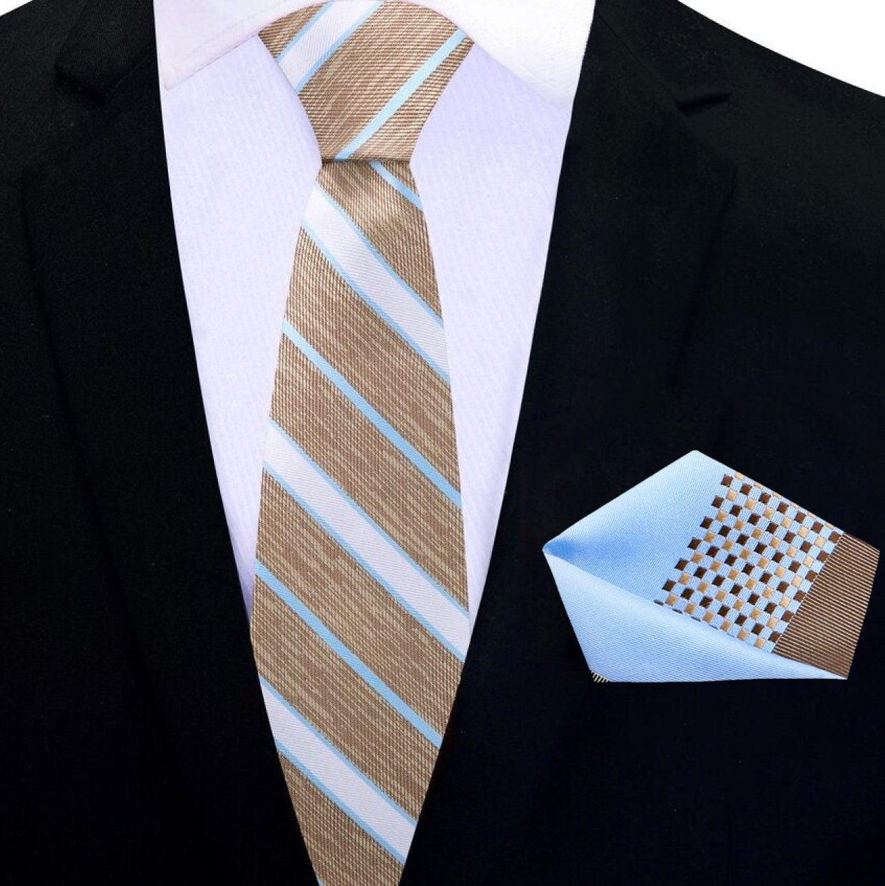 Thin Tie: Light Brown, Light Blue, White Stripe Silk Necktie and Pocket Square