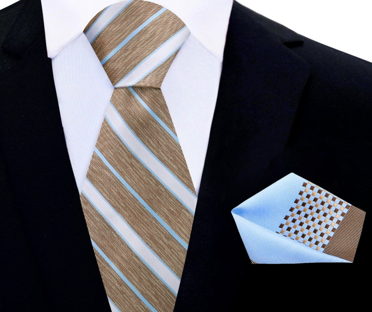 Main View: Light Brown, Light Blue, White Stripe Silk Necktie and Pocket Square