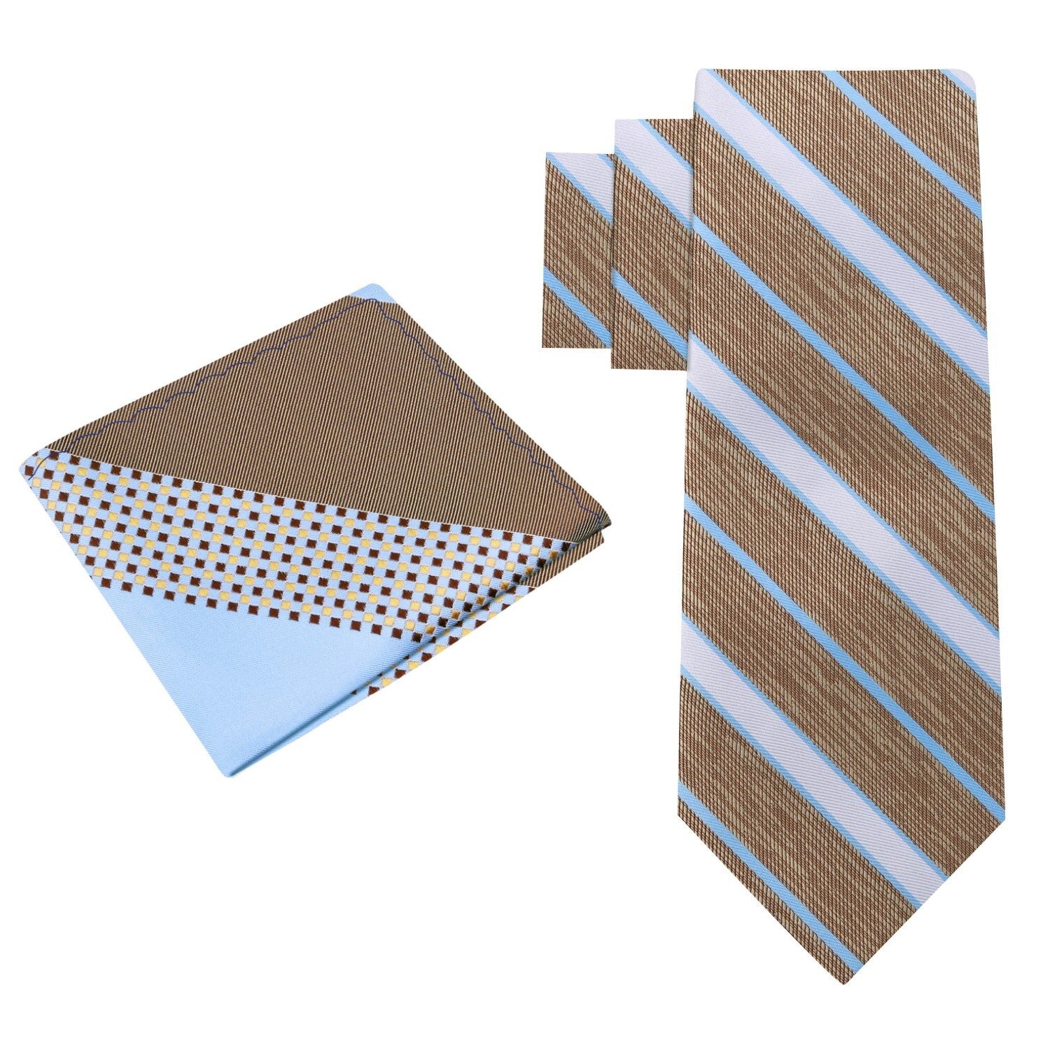 alt view: Light Brown, Light Blue, White Stripe Silk Necktie and Pocket Square
