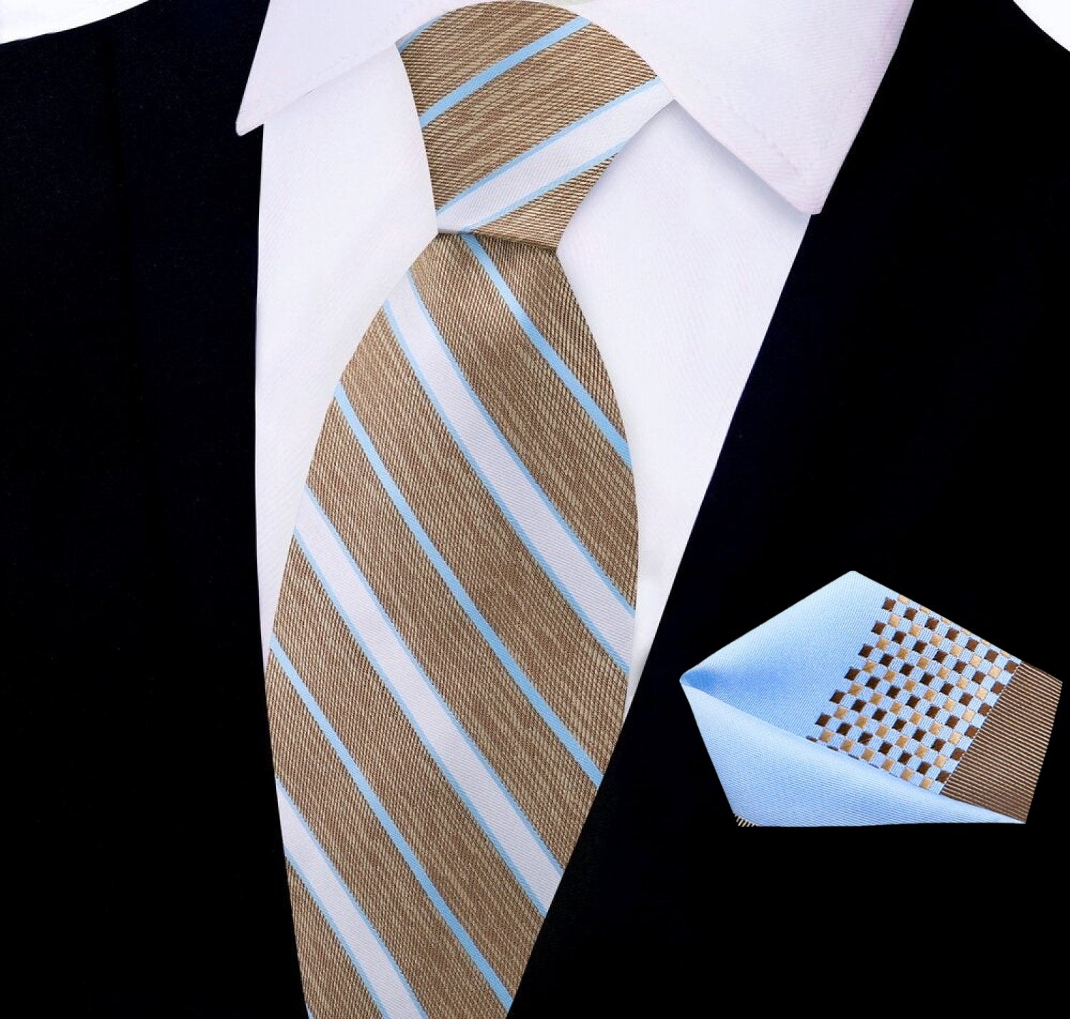 View 2: Light Brown, Light Blue, White Stripe Silk Necktie and Pocket Square