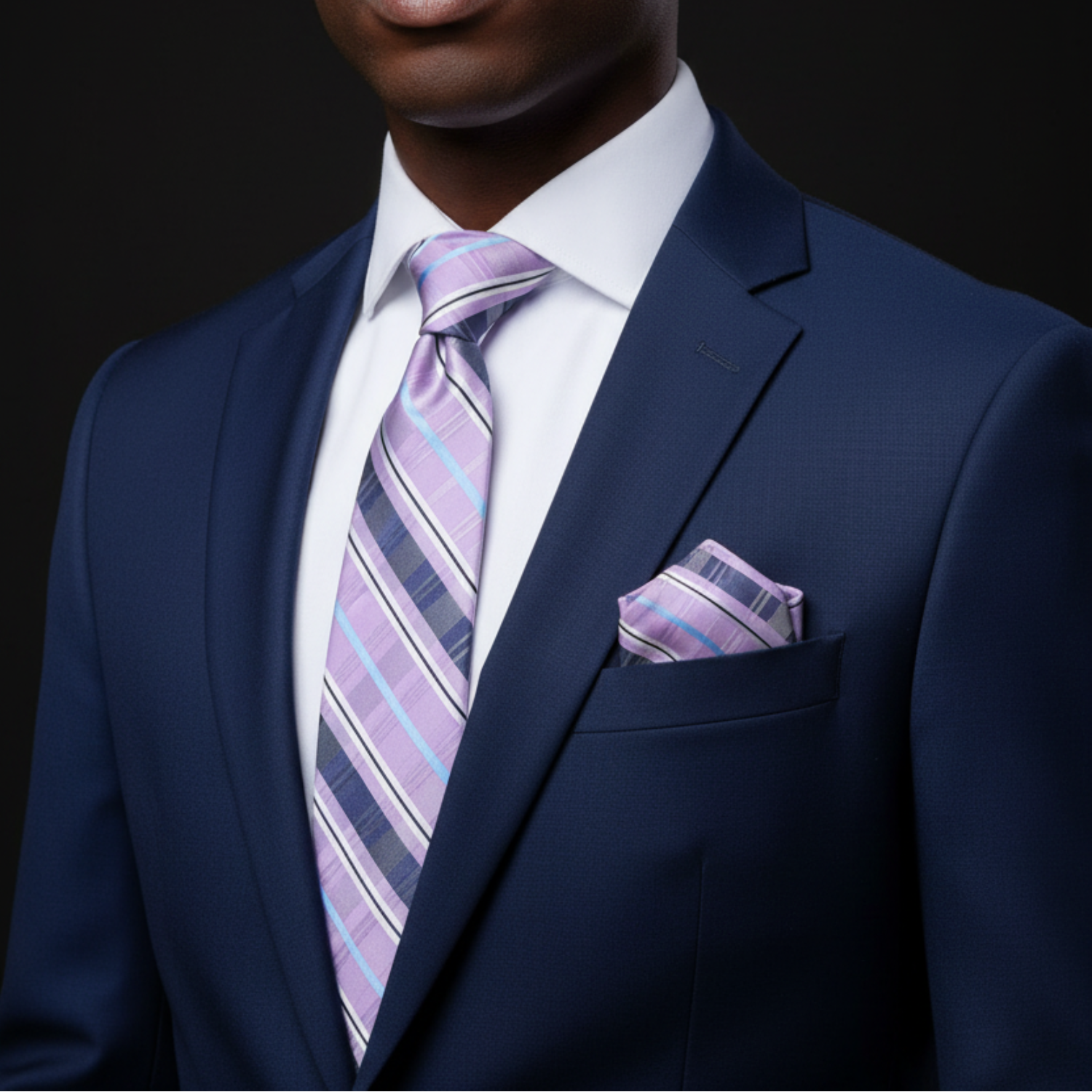 Man wearing a navy suit with a striped purple tie and pocket square on a black background