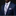 Man wearing a navy suit with a striped purple tie and pocket square on a black background