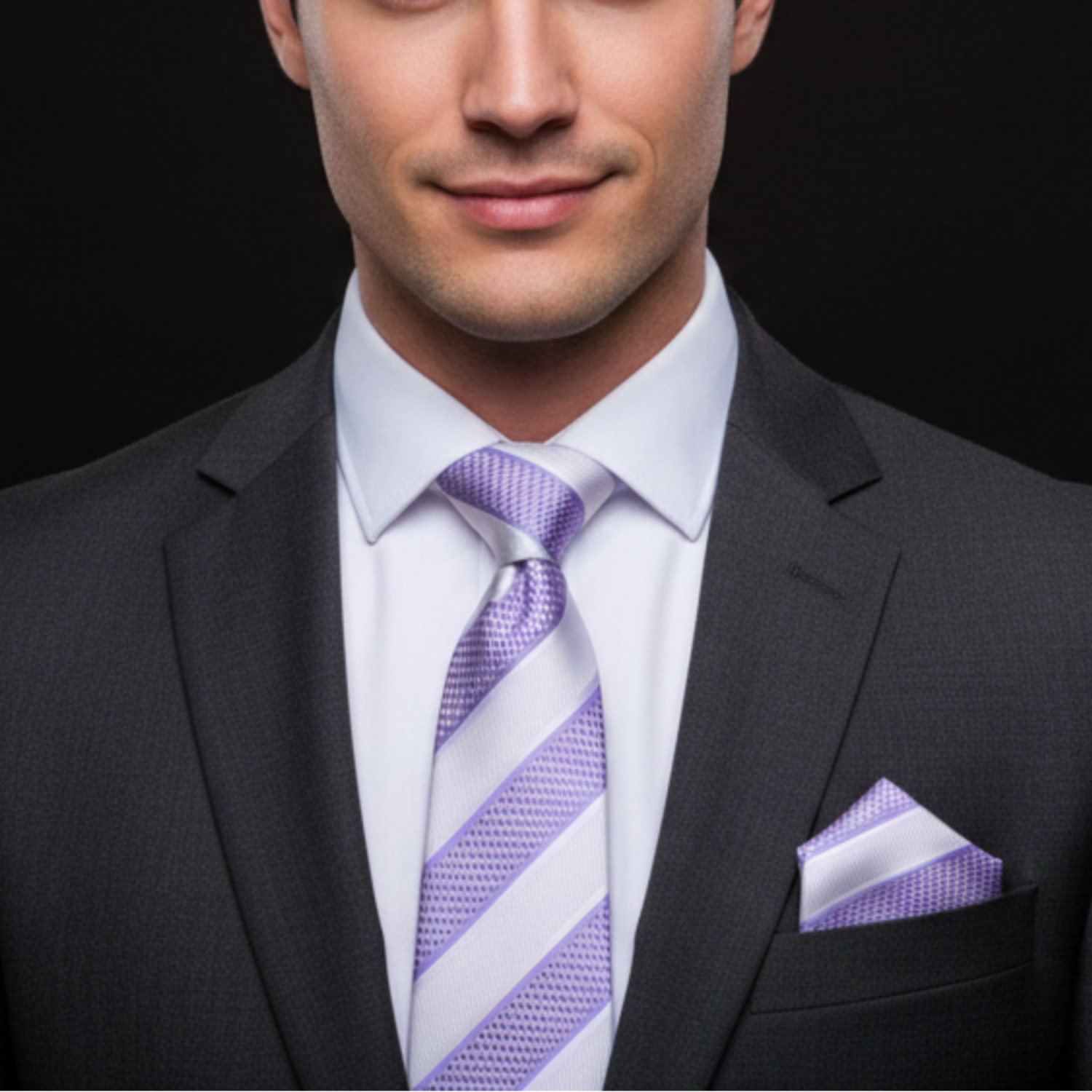 Man wearing a dark suit with a white shirt and purple striped tie against a black background