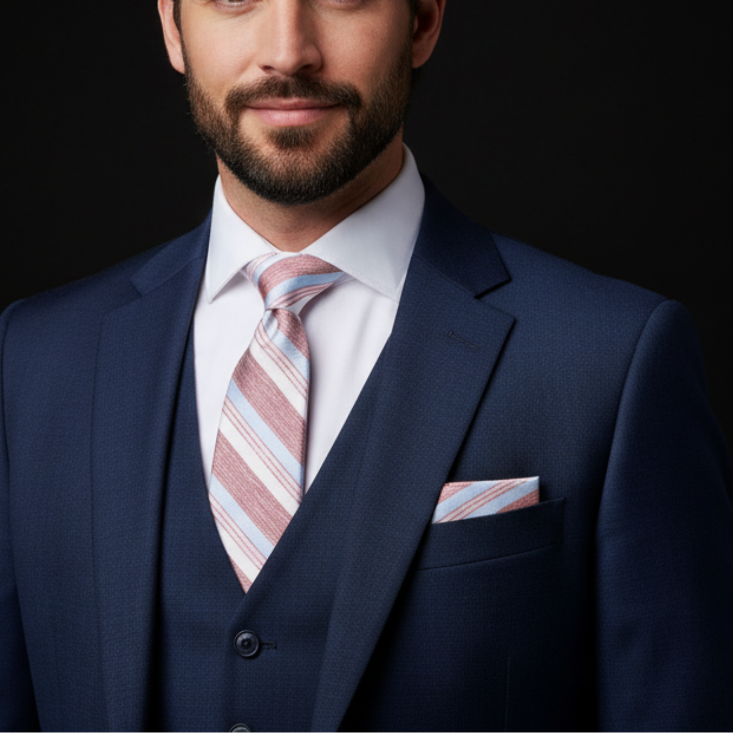 Man wearing a navy suit with a striped tie and pocket square against a black background
