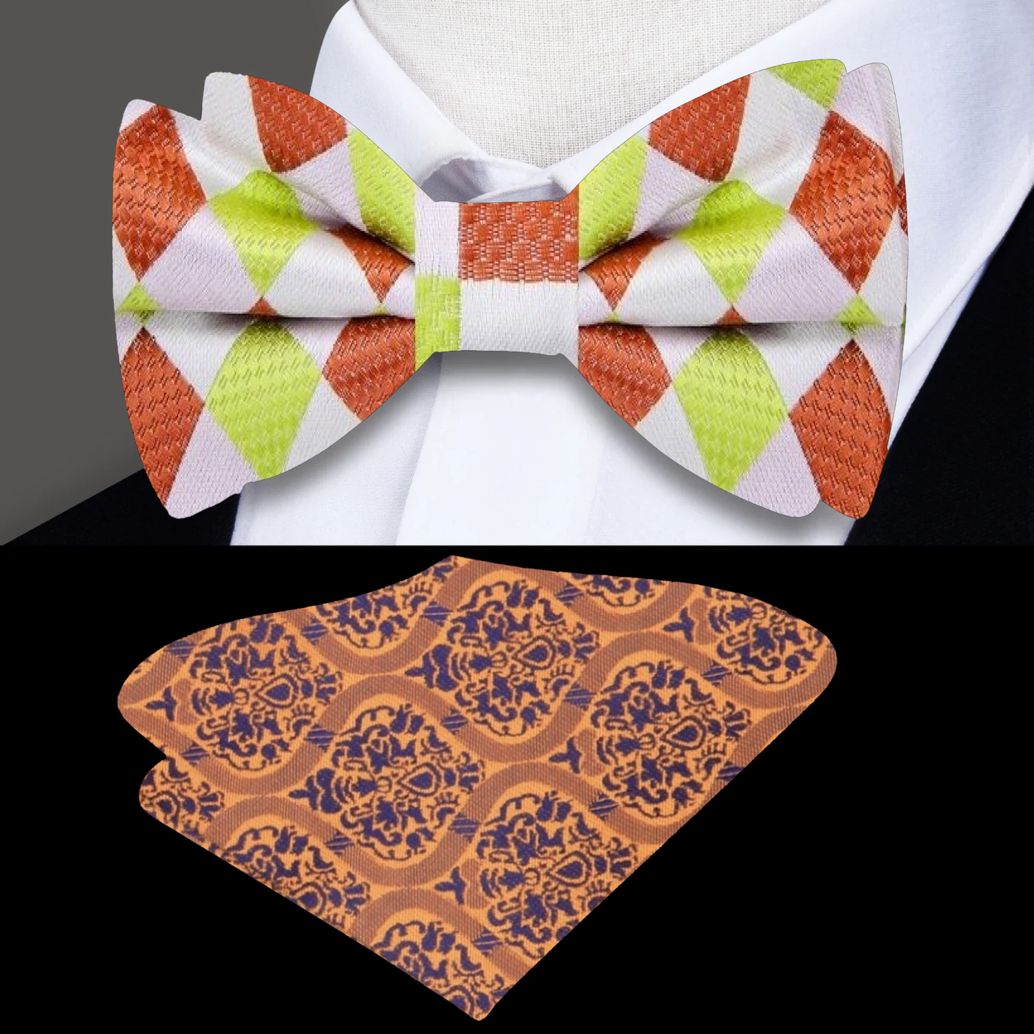 Lime Green, Brown, White Check Bow Tie and Accenting Pocket Square