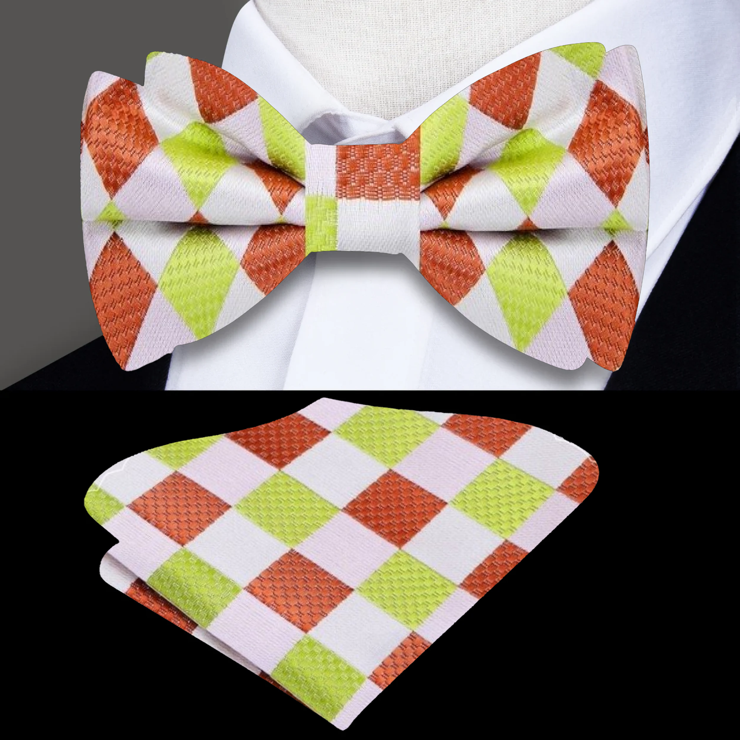 A Lime, Brown Geometric Pattern Silk Pre Tied Bow Tie, Matching Pocket Square