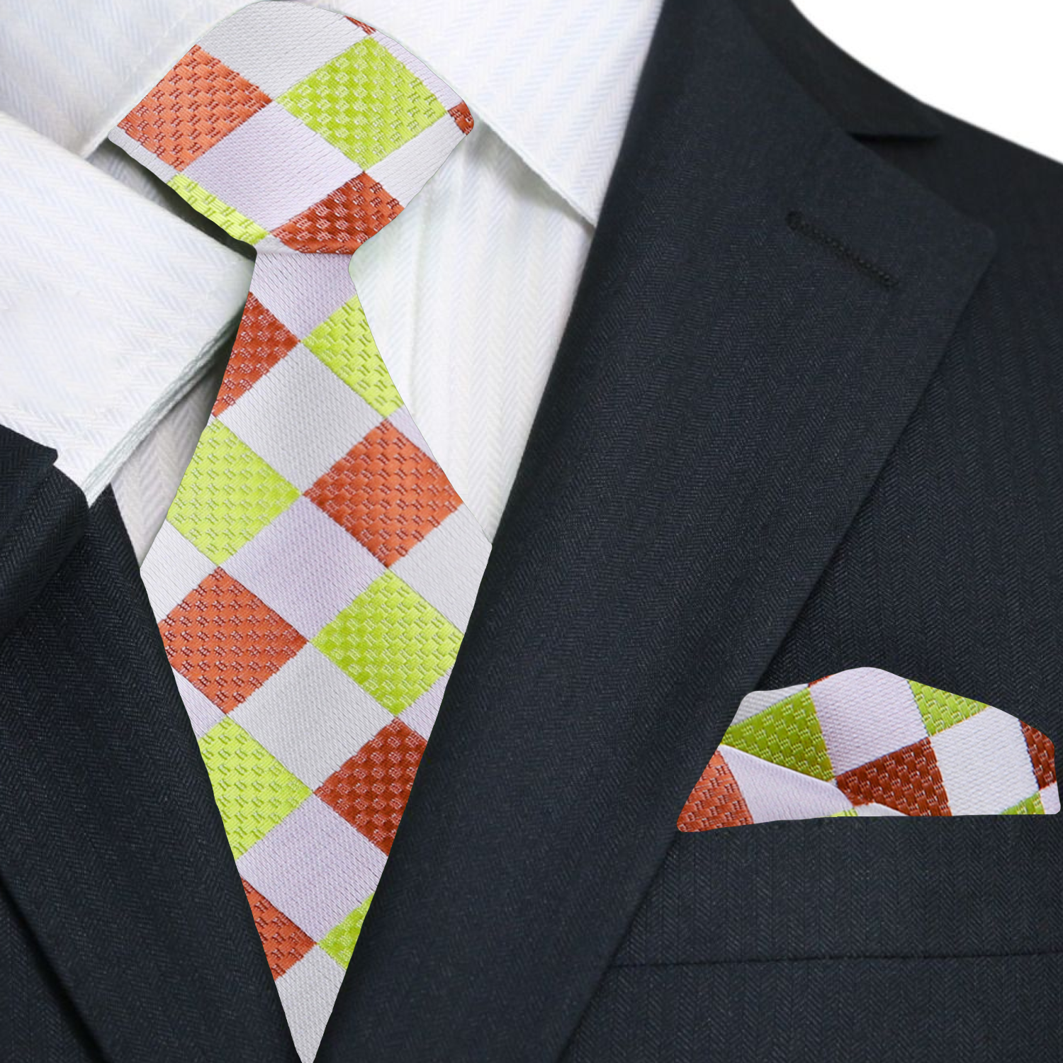 Primary Green, Caramel Check Tie and Square