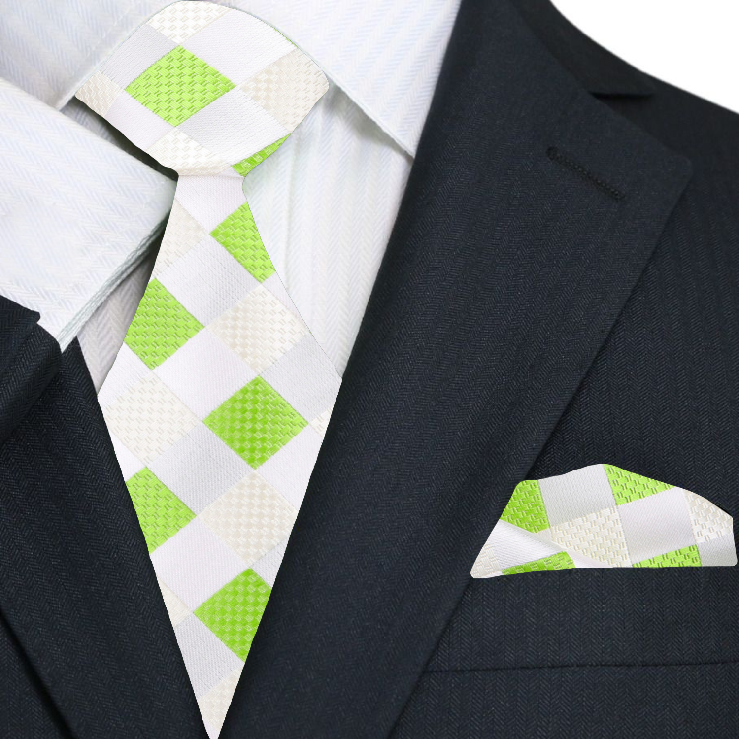 A Lime, Light Green Check Pattern Silk Necktie, Matching Pocket Square  