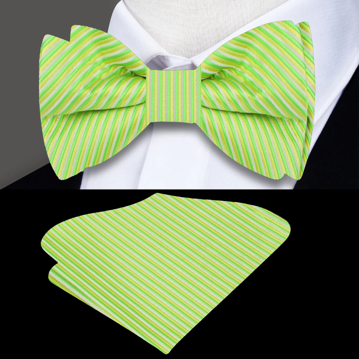 Main: Lime Green Pinstripe Bow Tie and Pocket Square