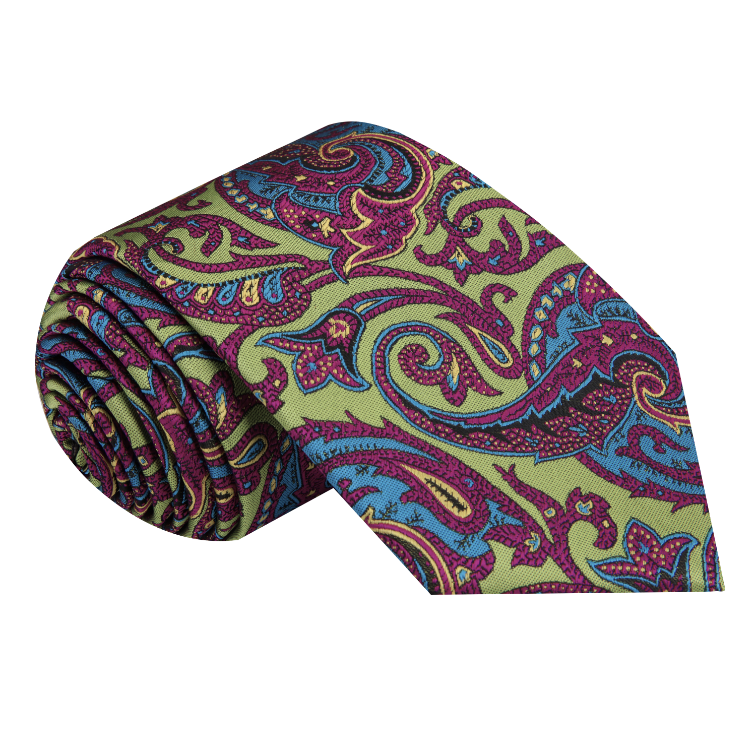 A Lime, Pink Intricate Paisley Pattern Necktie 
