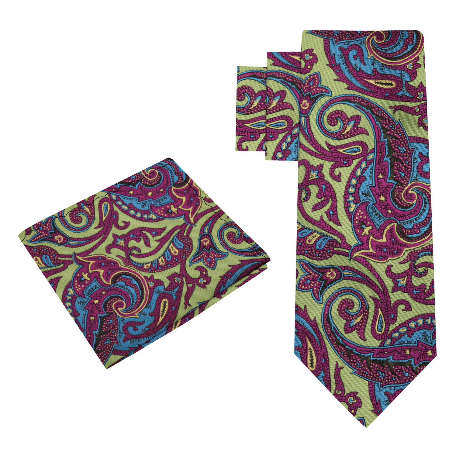 Alt View: A Lime, Pink Intricate Paisley Pattern Necktie, Matching Pocket Square