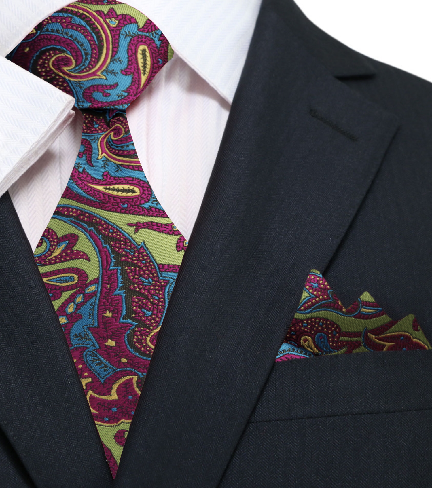 A Lime, Pink Intricate Paisley Pattern Necktie, Matching Pocket Square