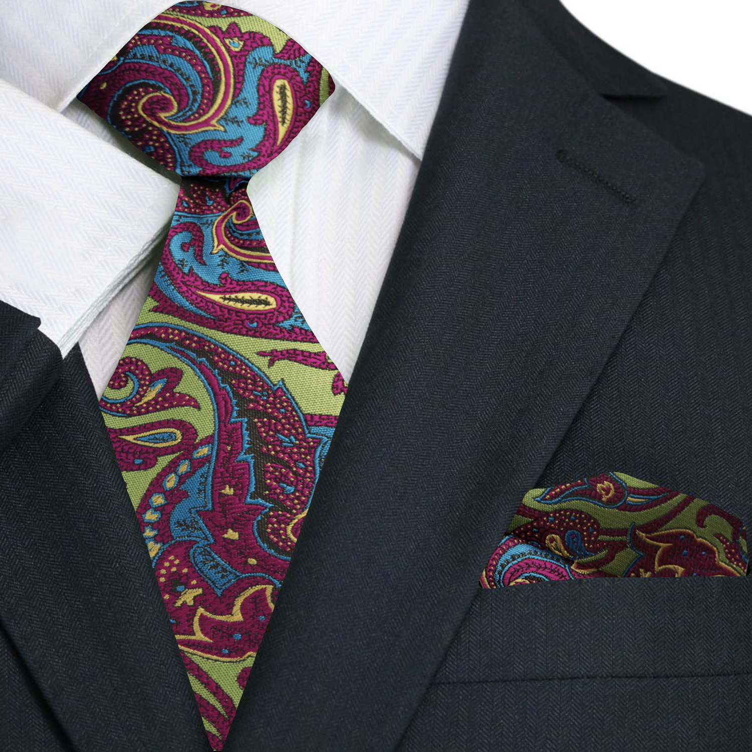 A Lime, Pink Intricate Paisley Pattern Necktie, Matching Pocket Square