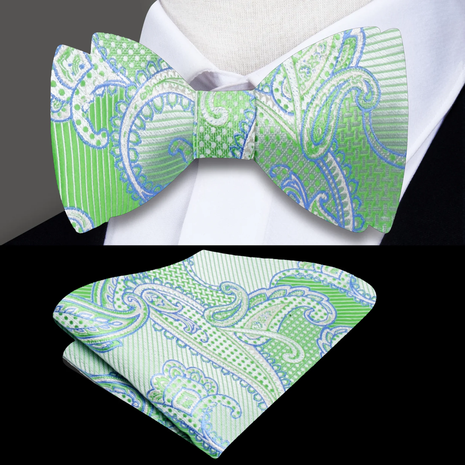 Green Paisley Bow Tie and Matching Square