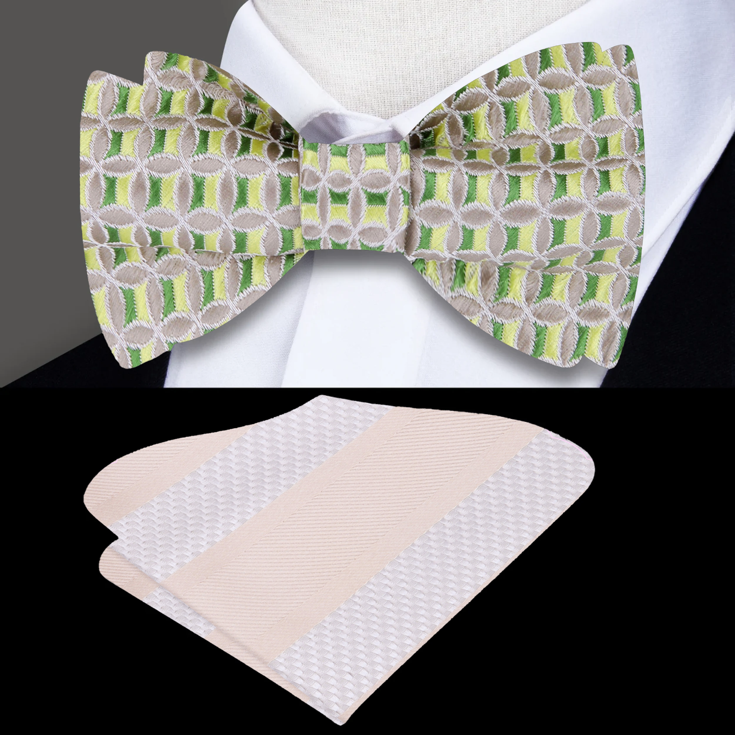 A Green, Light Green Geometric Pattern Silk Self Tie Bow Tie, Accenting Pocket Square